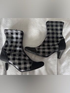 Plaid Black & Silver Stretch Ankle Booties